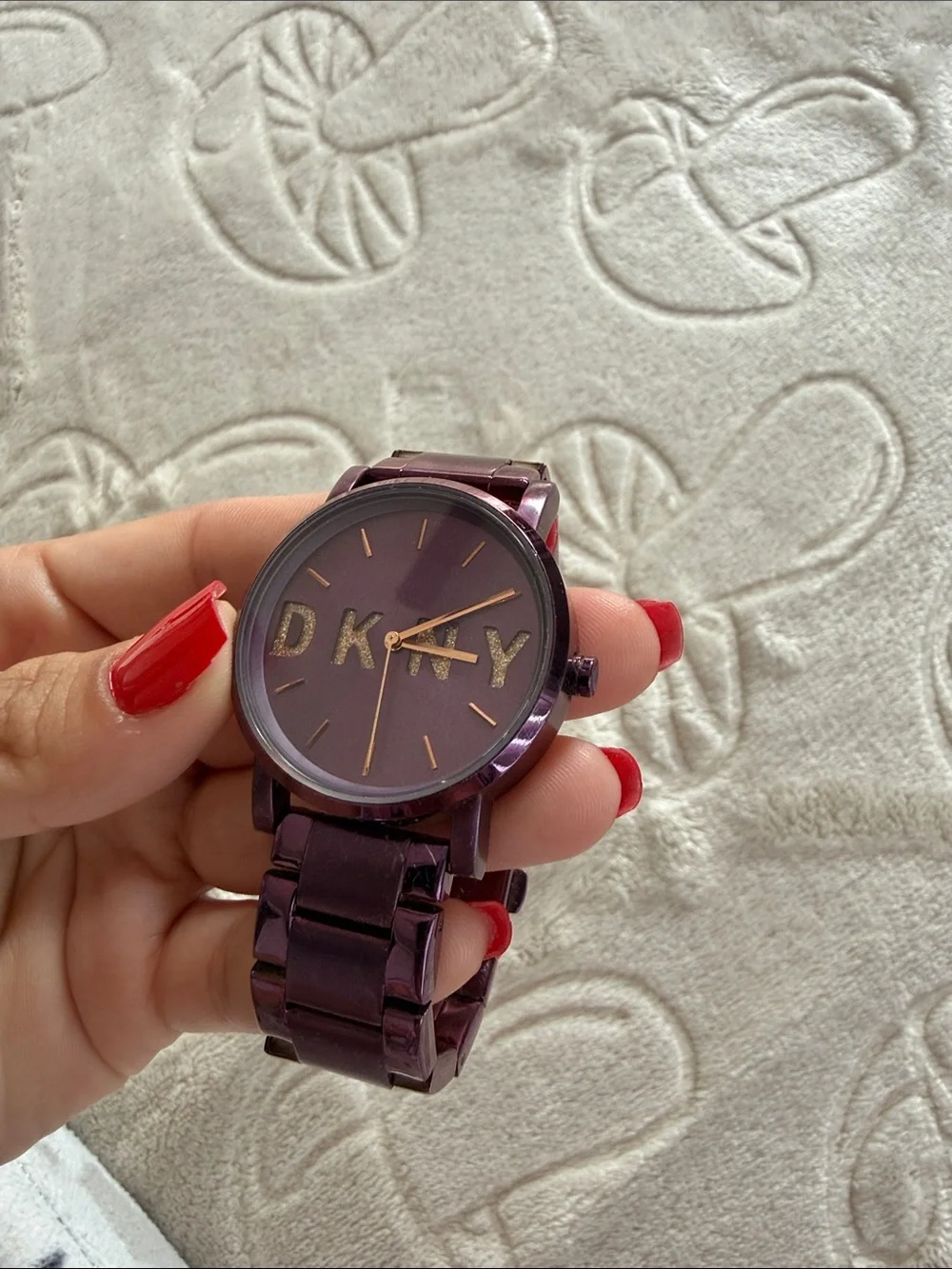 DKNY Plum Metal Link Watch with Gold Accents